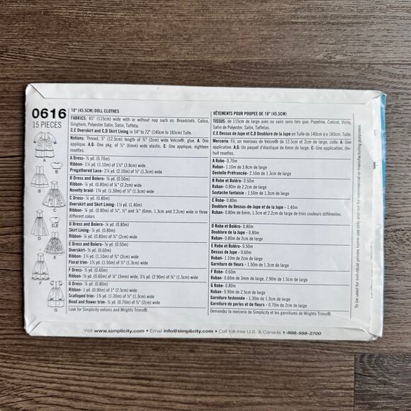 UNCUT Vintage Y2K Simplicity 0616 Sewing Pattern 18" Doll Clothes Make Your Own - Picture 2 of 2